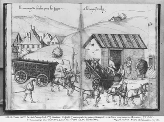 Silver Mine of La Croix-aux-Mines, Lorraine, fol.5v and fol.6r, Transporting and Delivering Coal for the Forges, c.1530